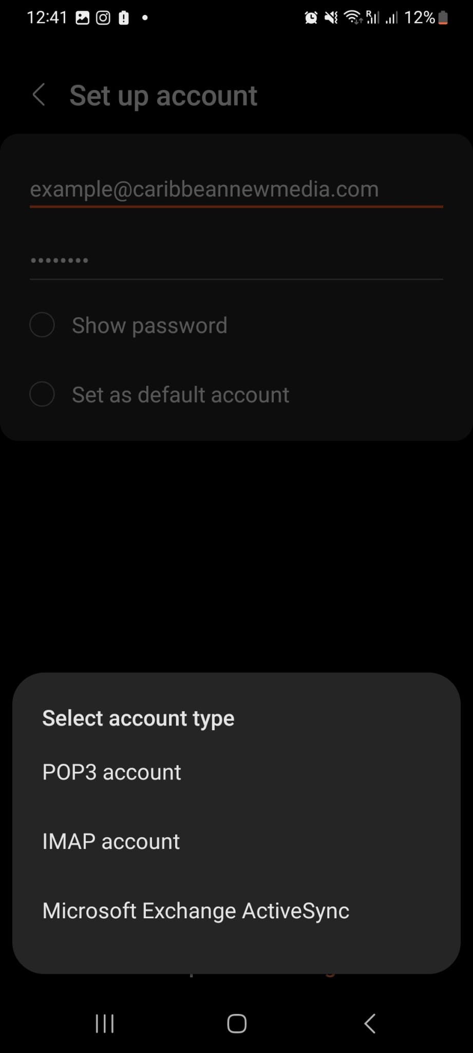 Samsung email app account type